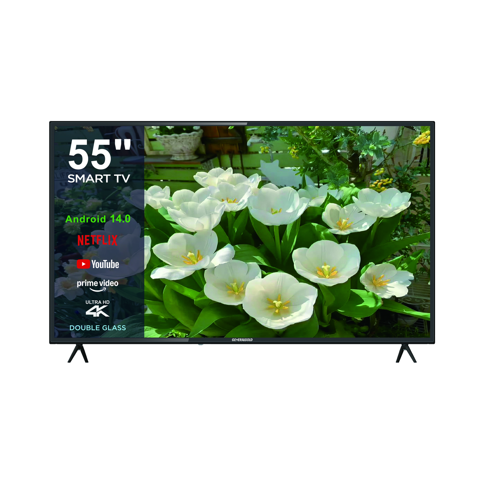 55TG7777 Generalgold 55" Double Glass DLED UHD Frameless TV,Android 14,DVB-C/T/T2/S2 Tuner,Wifi(2.4G) 55TG7777 - Image 1